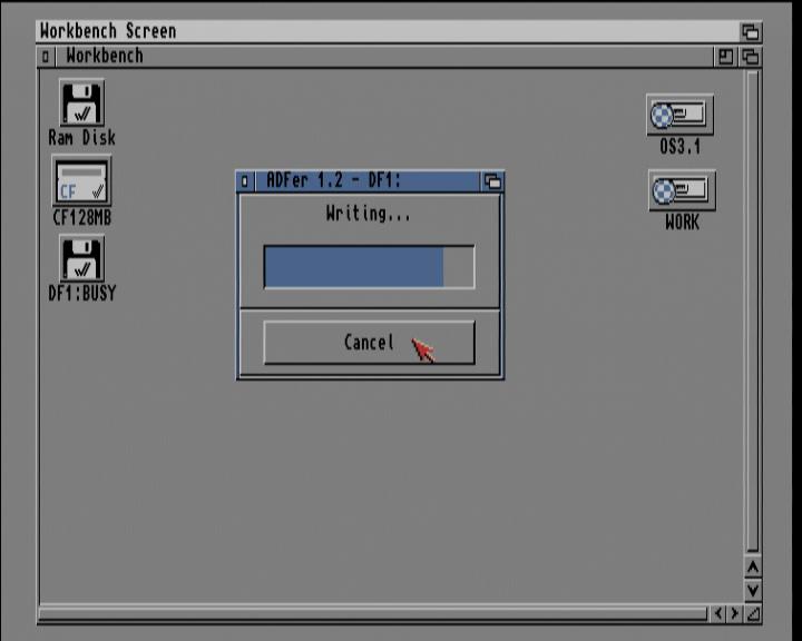 Screenshot Amiga 1200 / WB3.1 - ADF-Imagedatei auf Diskette zurück schreiben (Statusanzeige)