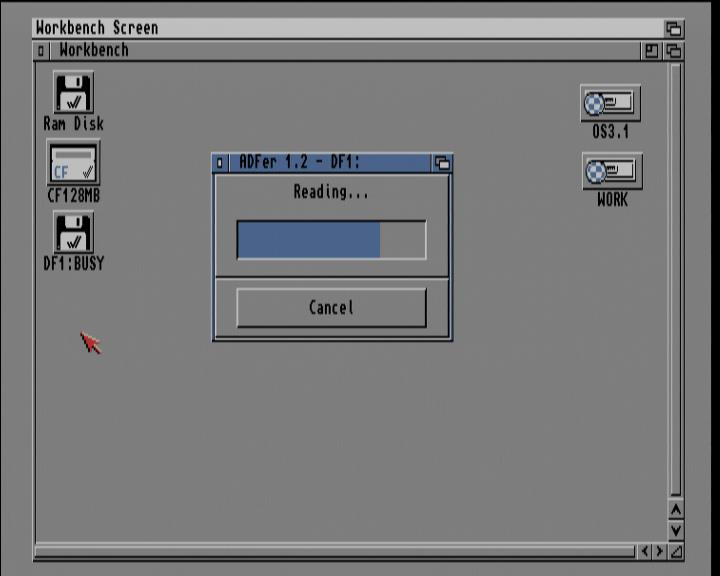 Screenshot Amiga 1200 / WB3.1 - ADF-Imagedatei von Diskette lesen (Statusanzeige)